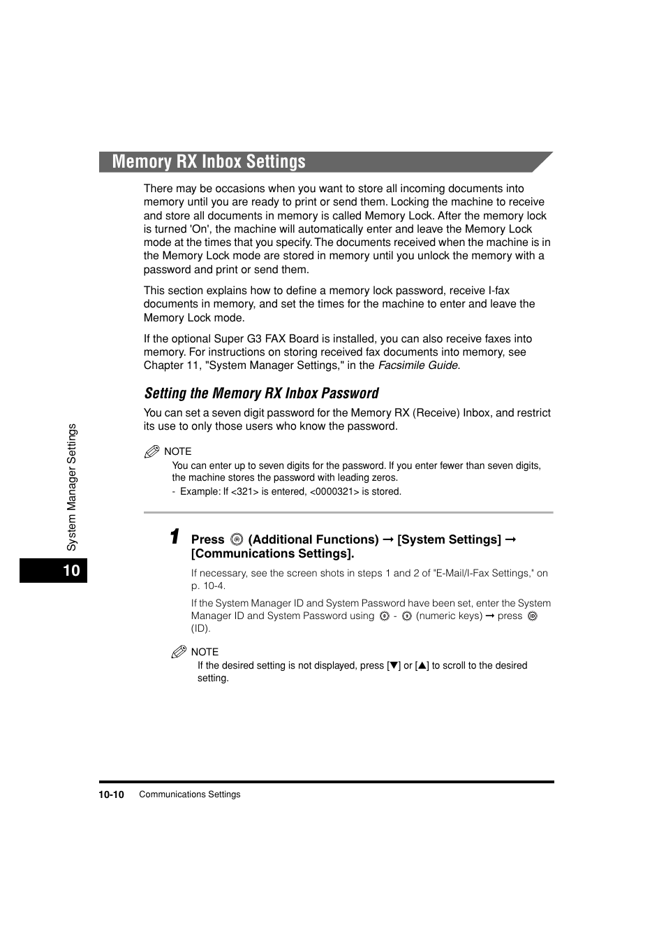 Memory rx inbox settings, Memory rx inbox settings -10, Setting the memory rx inbox password -10 | P. 10-10 | Canon C3200 User Manual | Page 429 / 563