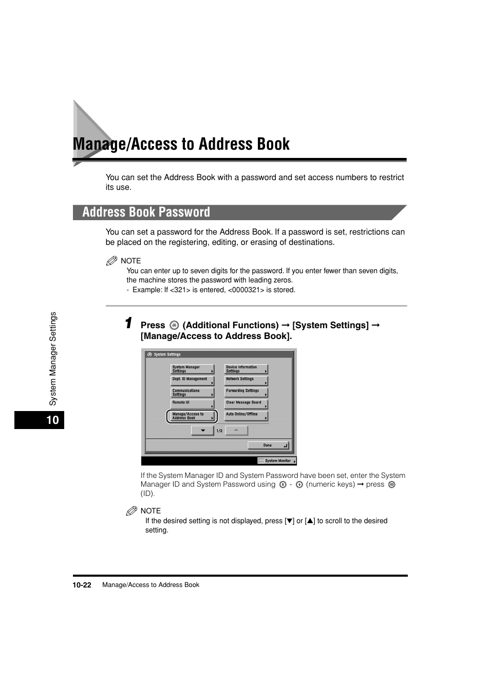 Manage/access to address book, Address book password, Manage/access to address book -22 | Address book password -22, See "manage/access to address book," on p. 10-22.), Ess [ok]. (see "address book password," on, P. 10-22.), Manage/access to address book," on p. 10-22.), P. 10-22 | Canon C3200 User Manual | Page 441 / 563