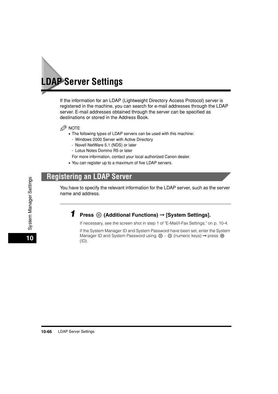 Ldap server settings, Registering an ldap server, Ldap server settings -66 | Registering an ldap server -66, See "ldap server settings," on p. 10-66 | Canon C3200 User Manual | Page 485 / 563