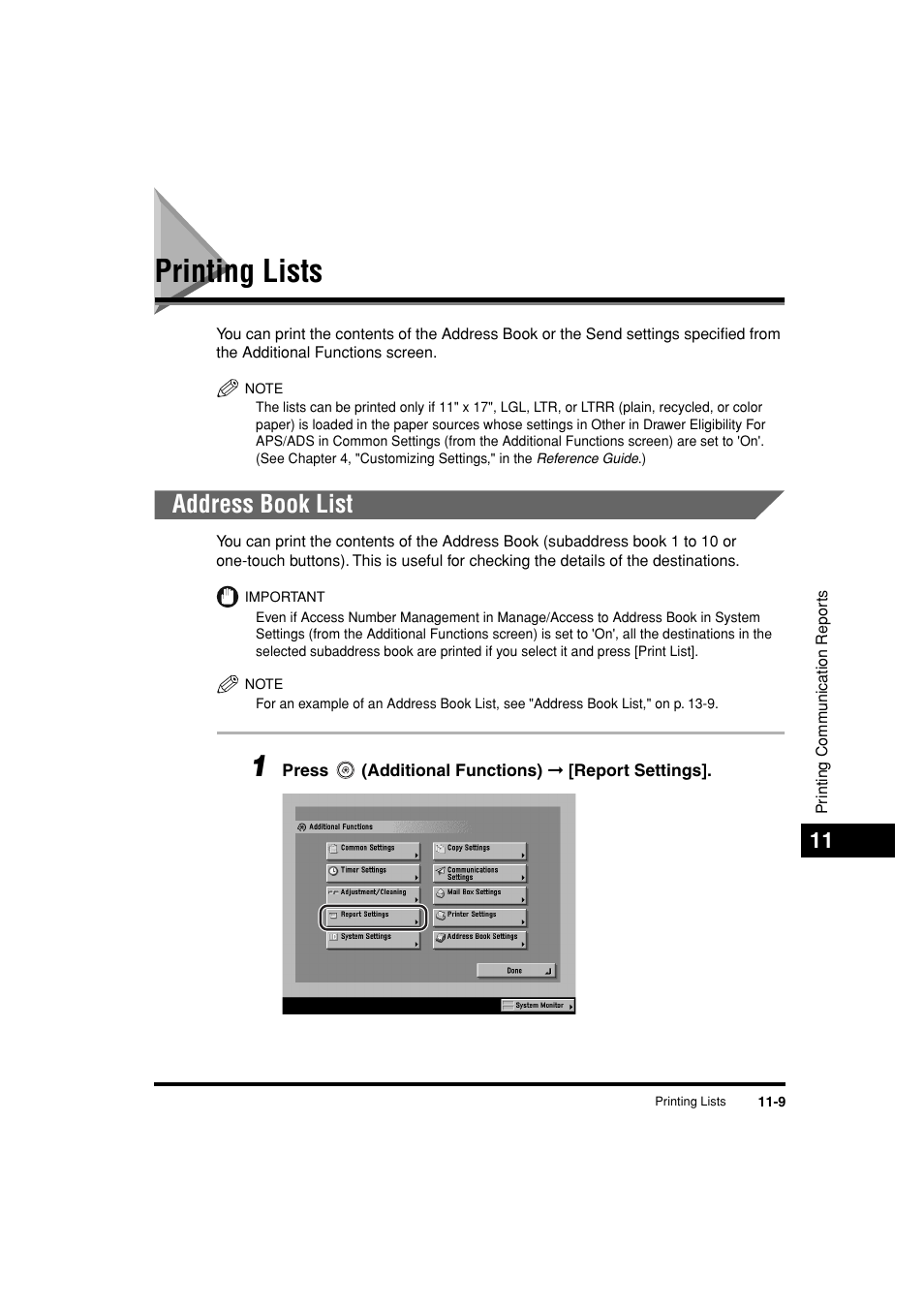 Printing lists, Address book list, Printing lists -9 | Address book list -9, P. 11-9 | Canon C3200 User Manual | Page 512 / 563