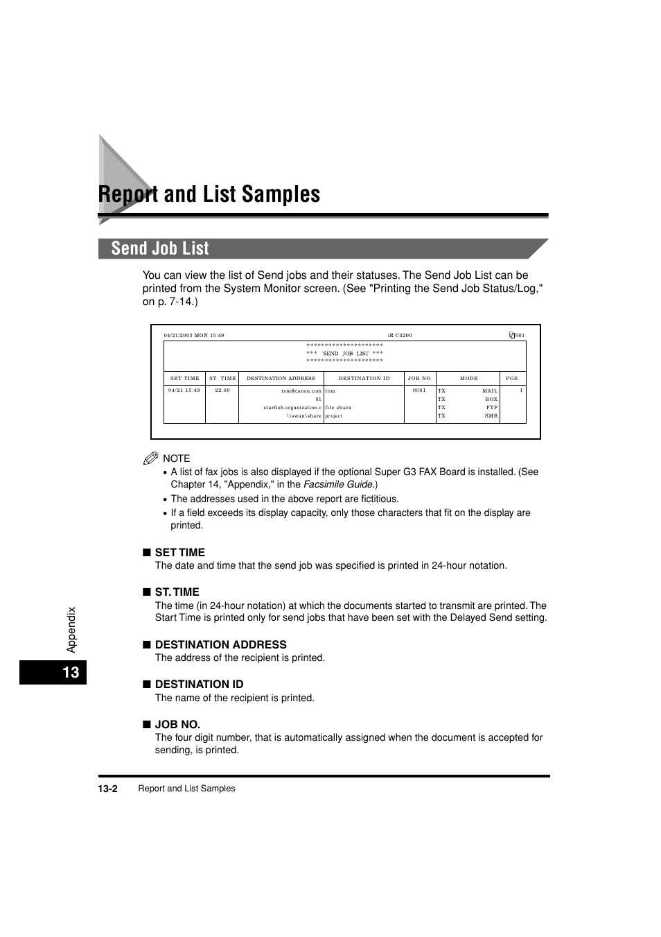 Report and list samples, Send job list, Report and list samples -2 | Send job list -2, Appendix, Set time, St. time, Destination address, Destination id, Job no | Canon C3200 User Manual | Page 545 / 563