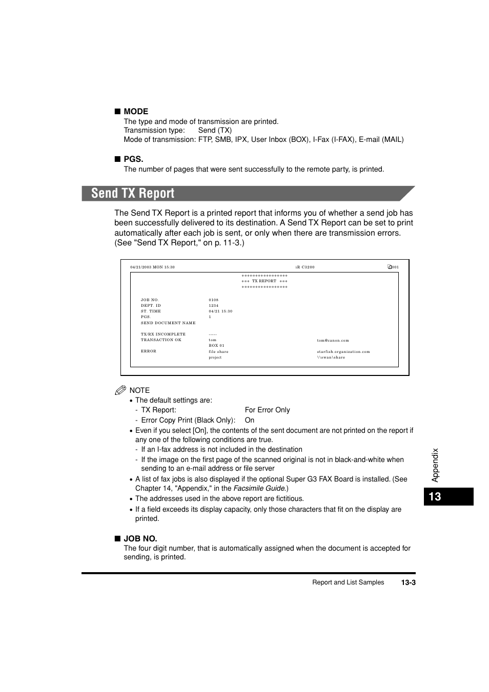 Send tx report, Send tx report -3, Appendix | Mode, Job no | Canon C3200 User Manual | Page 546 / 563