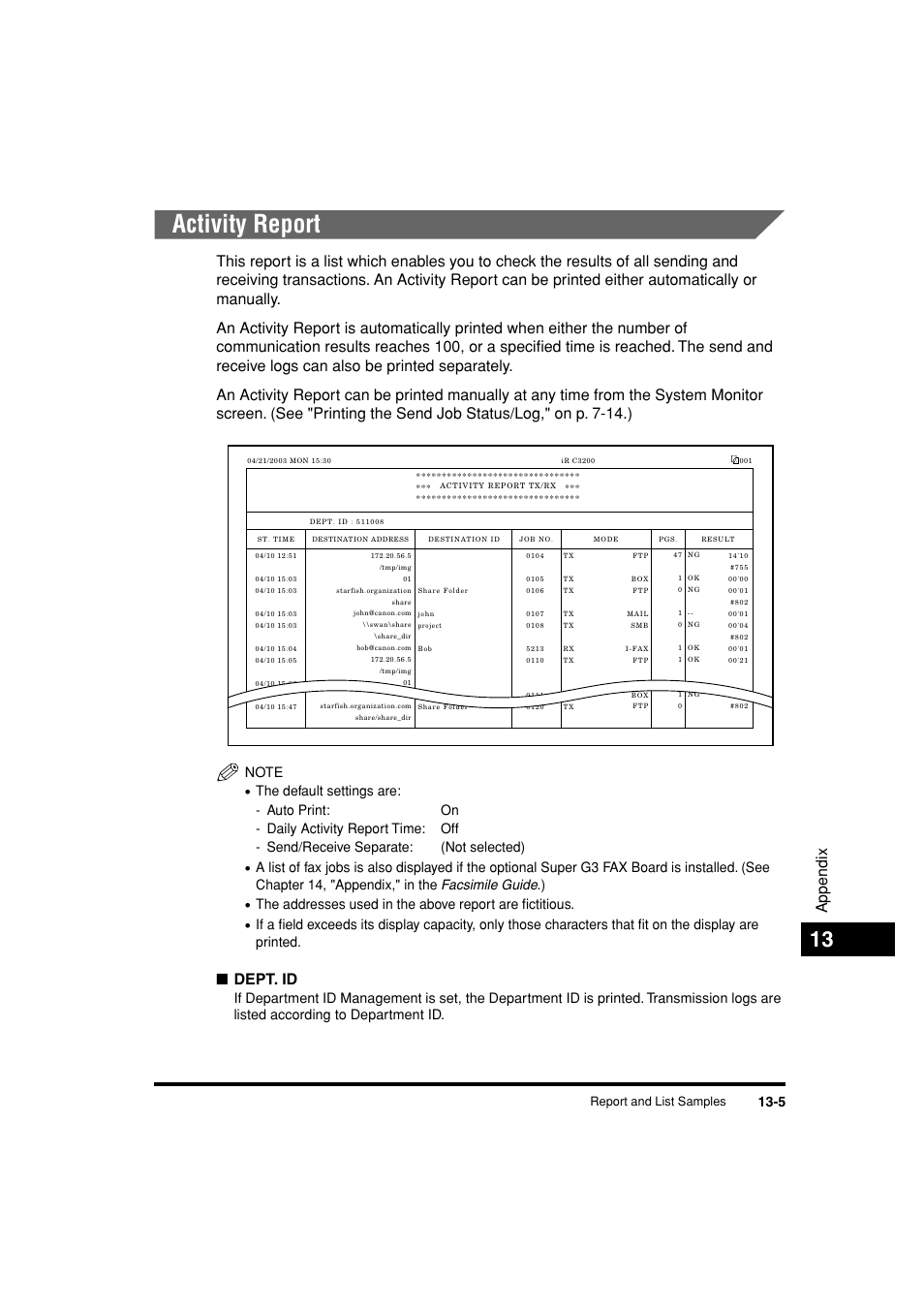 Activity report, Activity report -5, Appendix | Dept. id, Report and list samples | Canon C3200 User Manual | Page 548 / 563