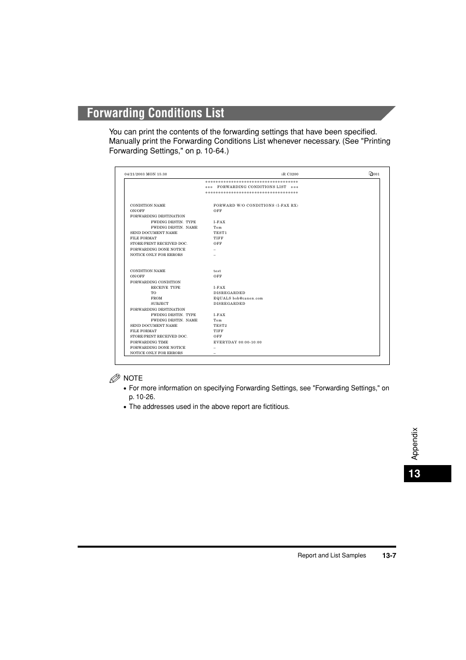 Forwarding conditions list, Forwarding conditions list -7, Appendix | Report and list samples | Canon C3200 User Manual | Page 550 / 563