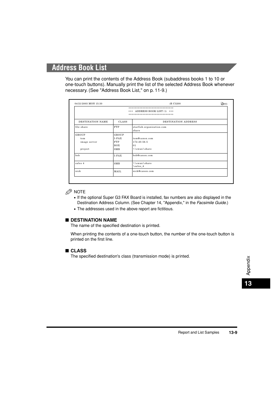 Address book list, Address book list -9, Appendix | Destination name, Class | Canon C3200 User Manual | Page 552 / 563