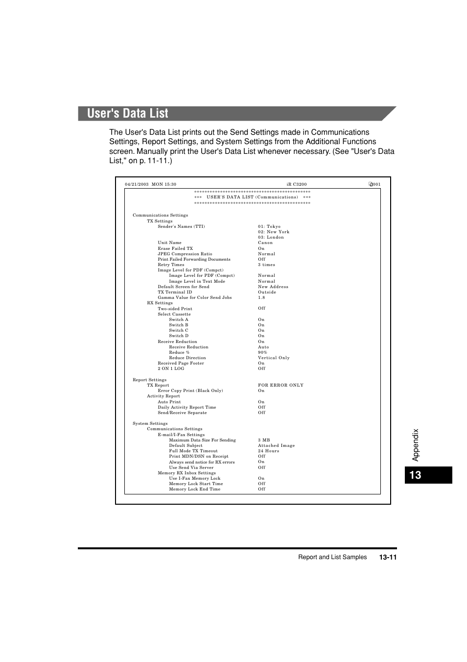 User's data list, User's data list -11, Appendix | Canon C3200 User Manual | Page 554 / 563