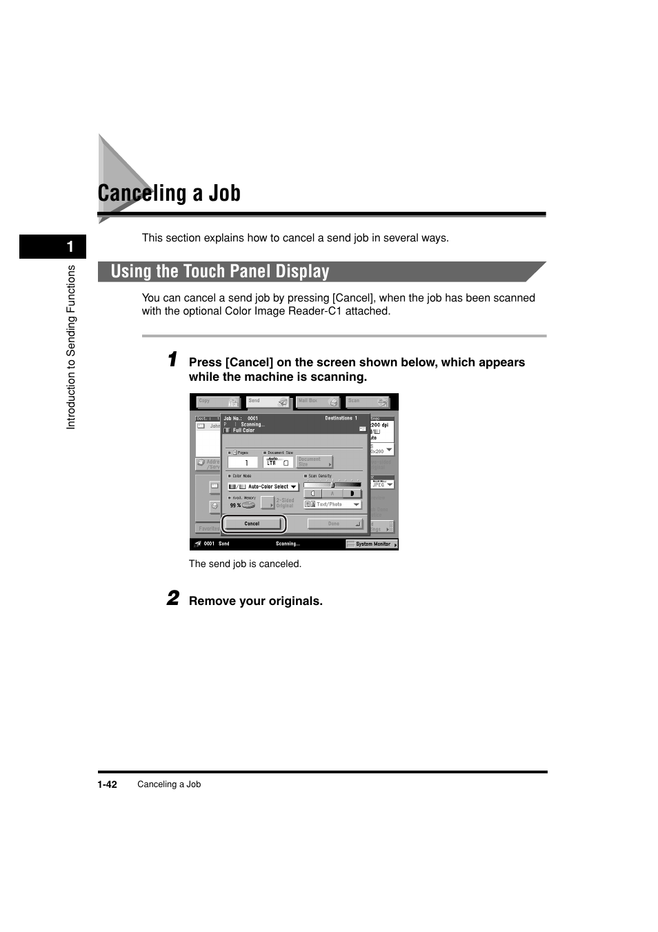 Canceling a job, Using the touch panel display, Canceling a job -42 | Using the touch panel display -42 | Canon C3200 User Manual | Page 59 / 563