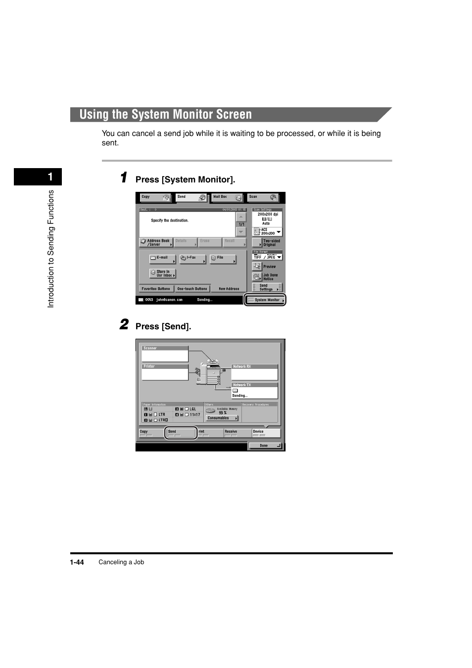 Using the system monitor screen, Using the system monitor screen -44 | Canon C3200 User Manual | Page 61 / 563