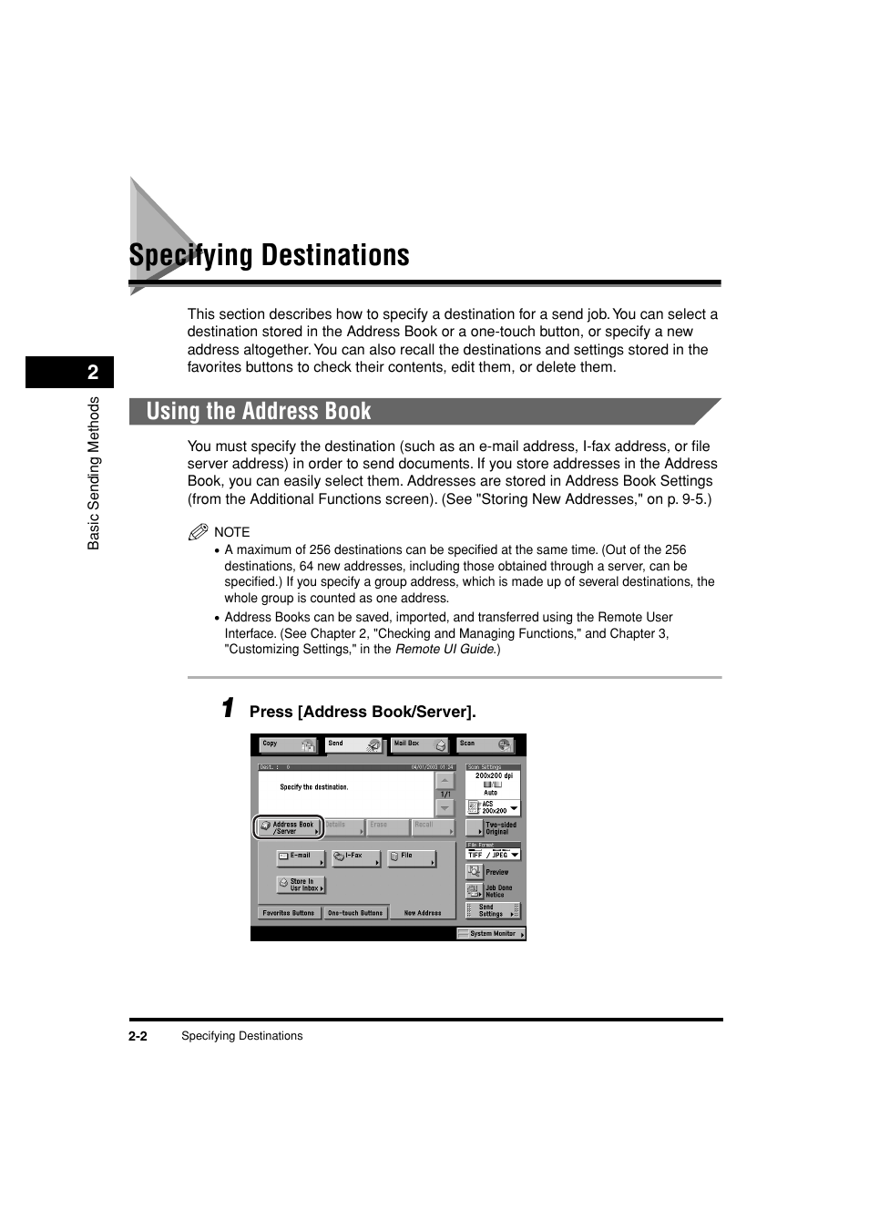 Specifying destinations, Using the address book, Specifying destinations -2 | Using the address book -2, See p. 2-2, See "using the address book," on p. 2-2.) | Canon C3200 User Manual | Page 65 / 563
