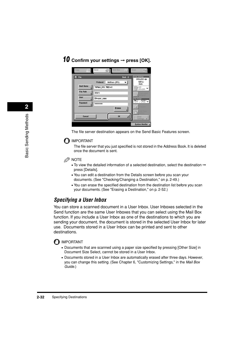 Specifying a user inbox -32, Specifying a user inbox | Canon C3200 User Manual | Page 95 / 563