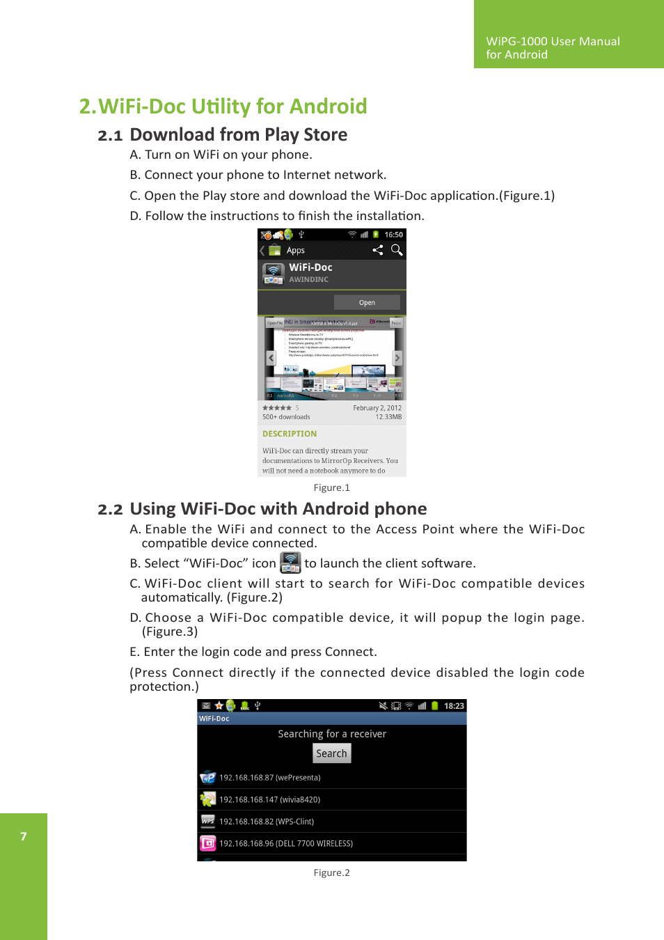 Wifi-doc utility for android, Download from play store, 2 using wifi-doc with android phone | Awind wePresent WiPG-1000 User's Manual for Android User Manual | Page 7 / 13