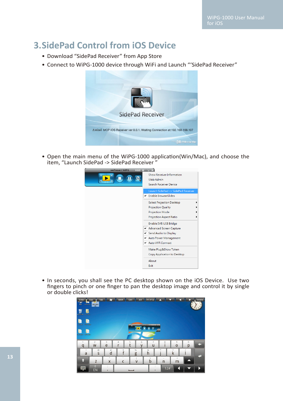 Sidepad control from ios device | Awind wePresent WiPG-1000 User's Manual for iOS User Manual | Page 13 / 15