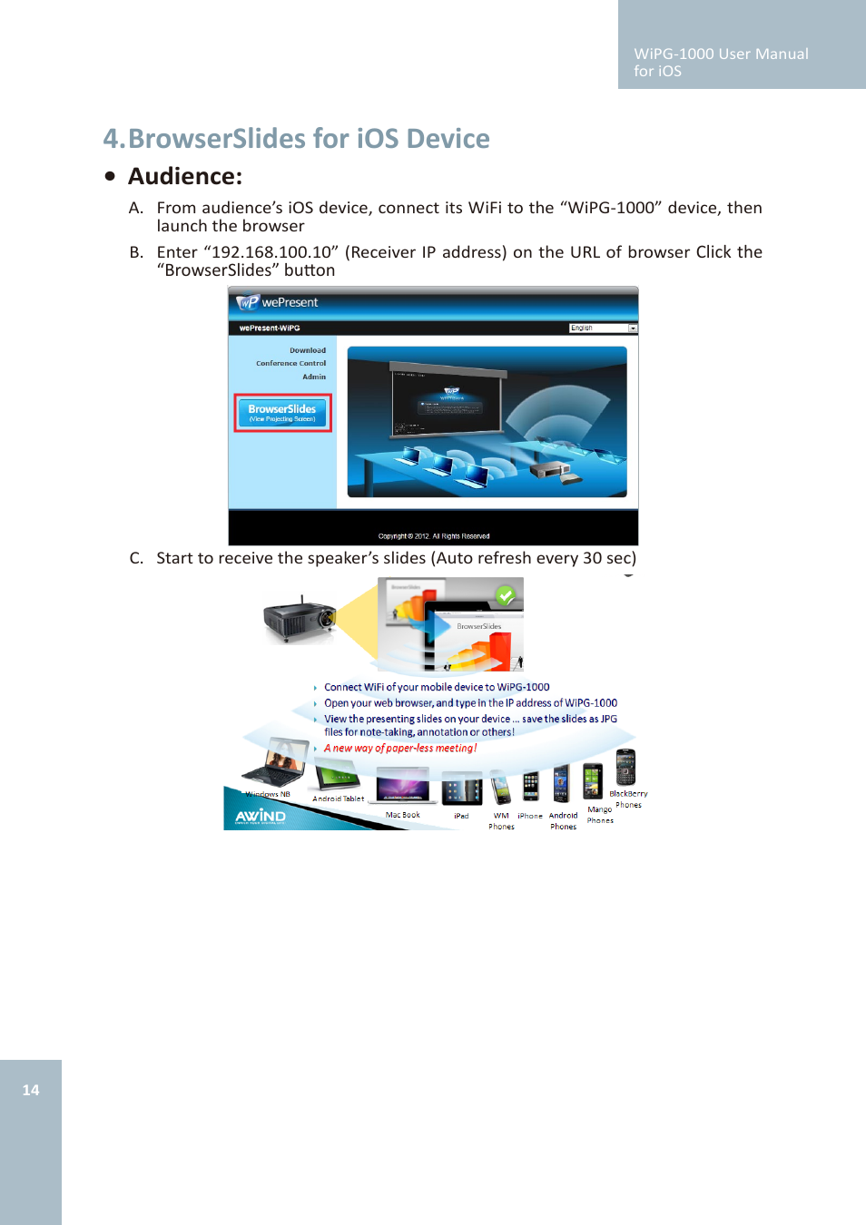 Browserslides for ios device, Audience | Awind wePresent WiPG-1000 User's Manual for iOS User Manual | Page 14 / 15