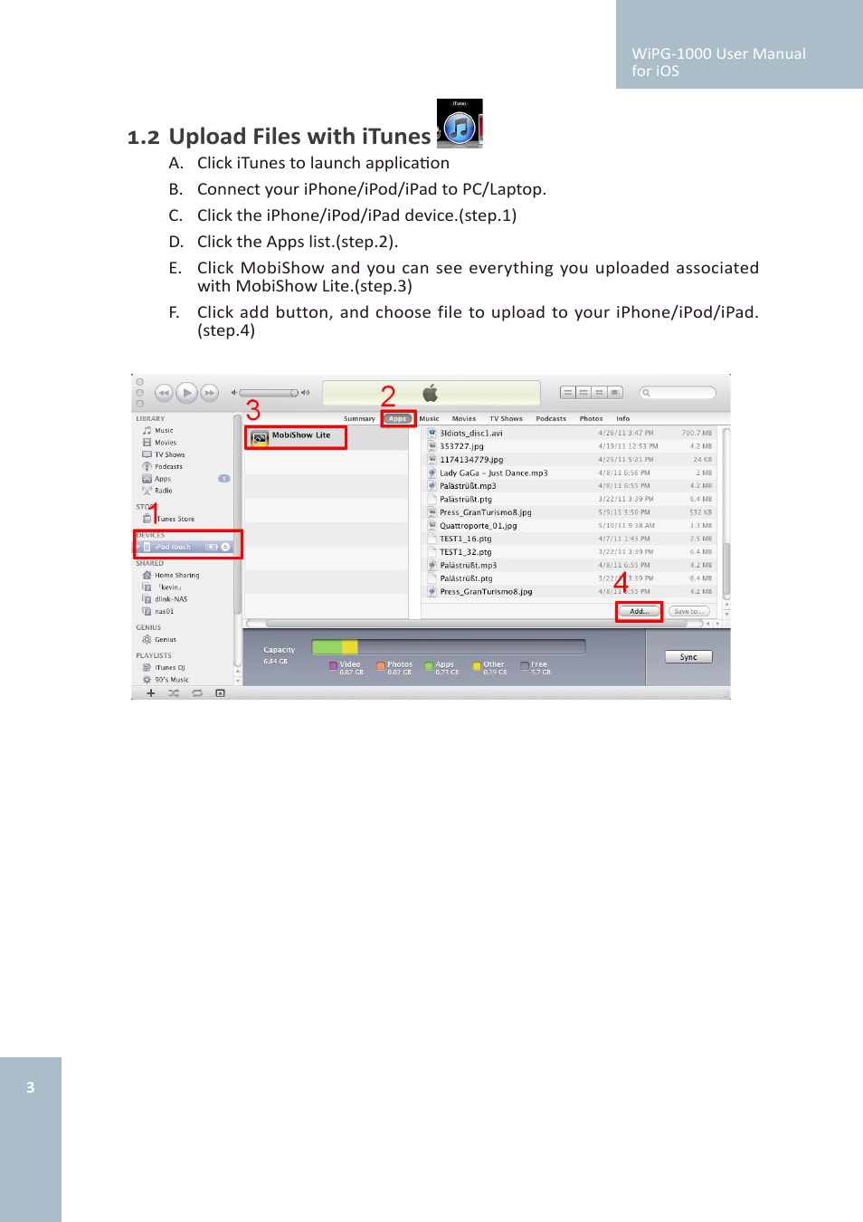 2 upload files with itunes | Awind wePresent WiPG-1000 User's Manual for iOS User Manual | Page 3 / 15