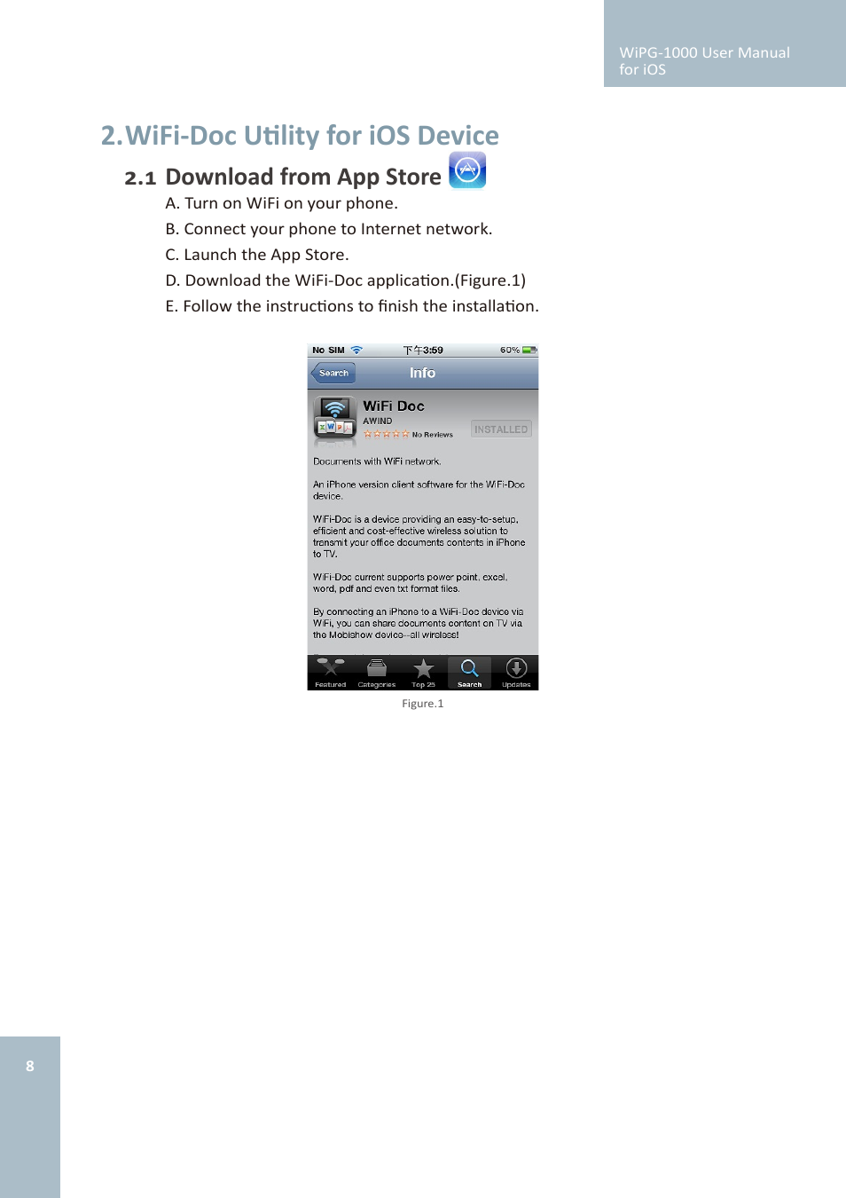 Wifi-doc utility for ios device, Download from app store | Awind wePresent WiPG-1000 User's Manual for iOS User Manual | Page 8 / 15