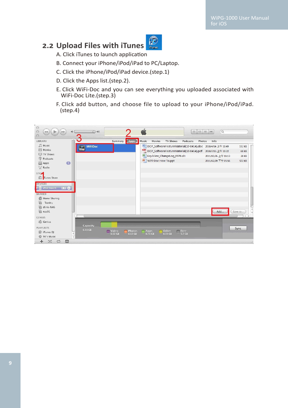 2 upload files with itunes | Awind wePresent WiPG-1000 User's Manual for iOS User Manual | Page 9 / 15