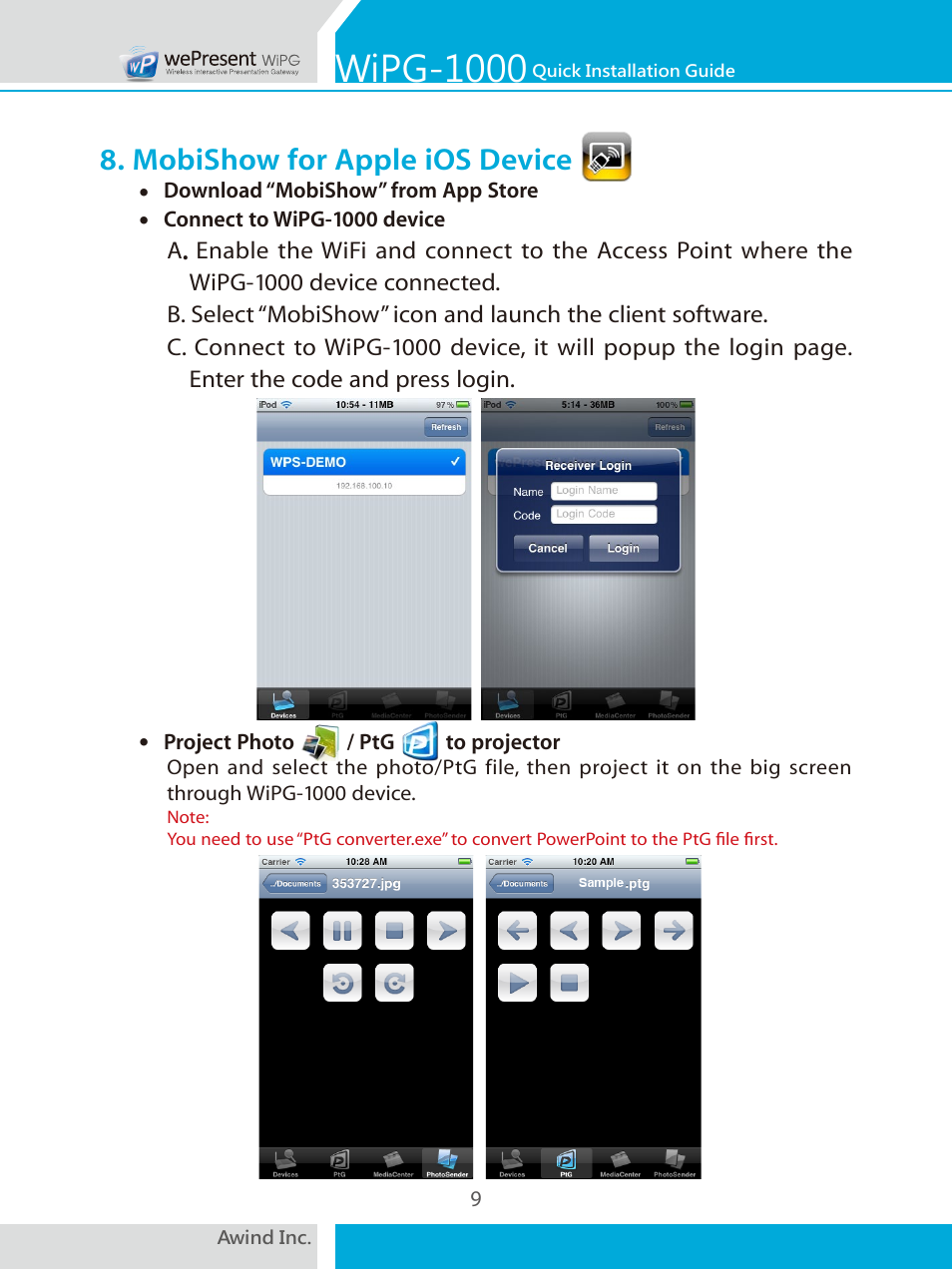Wipg-1000, Mobishow for apple ios device | Awind wePresent WiPG-1000 Quick Install Guide User Manual | Page 10 / 40