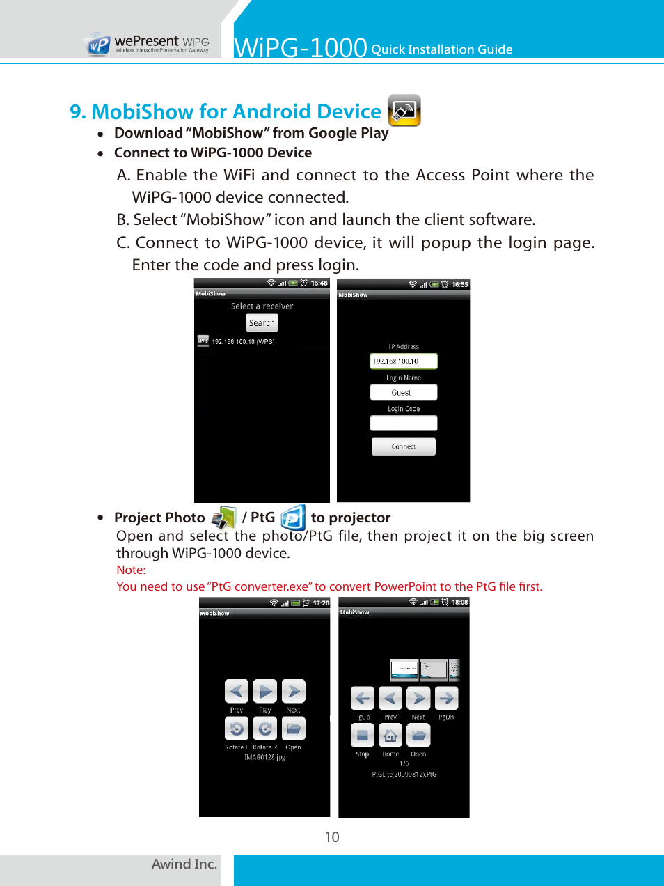 Wipg-1000, Mobishow, For android device | Awind wePresent WiPG-1000 Quick Install Guide User Manual | Page 11 / 40