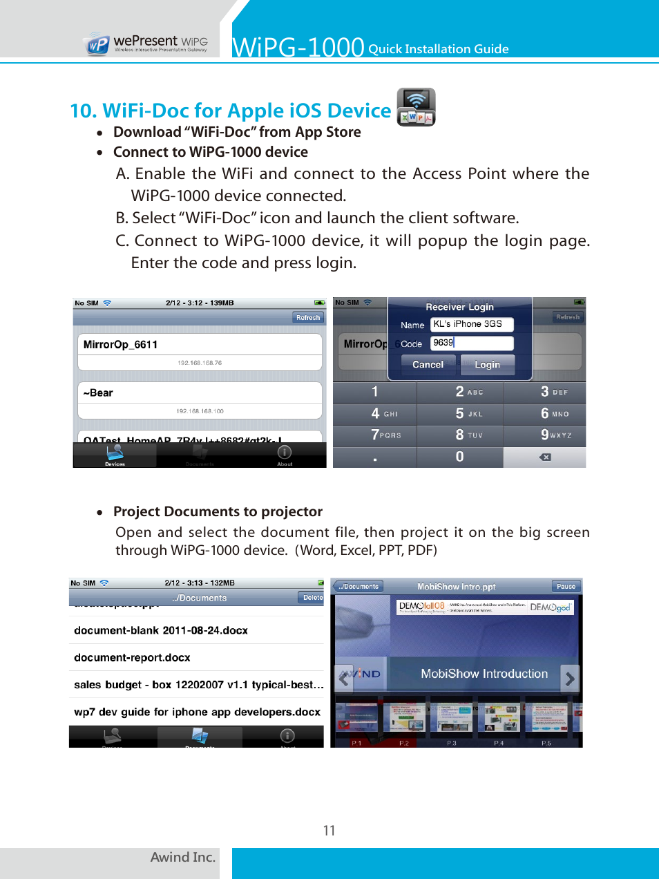Wipg-1000, Wifi-doc for apple ios device | Awind wePresent WiPG-1000 Quick Install Guide User Manual | Page 12 / 40