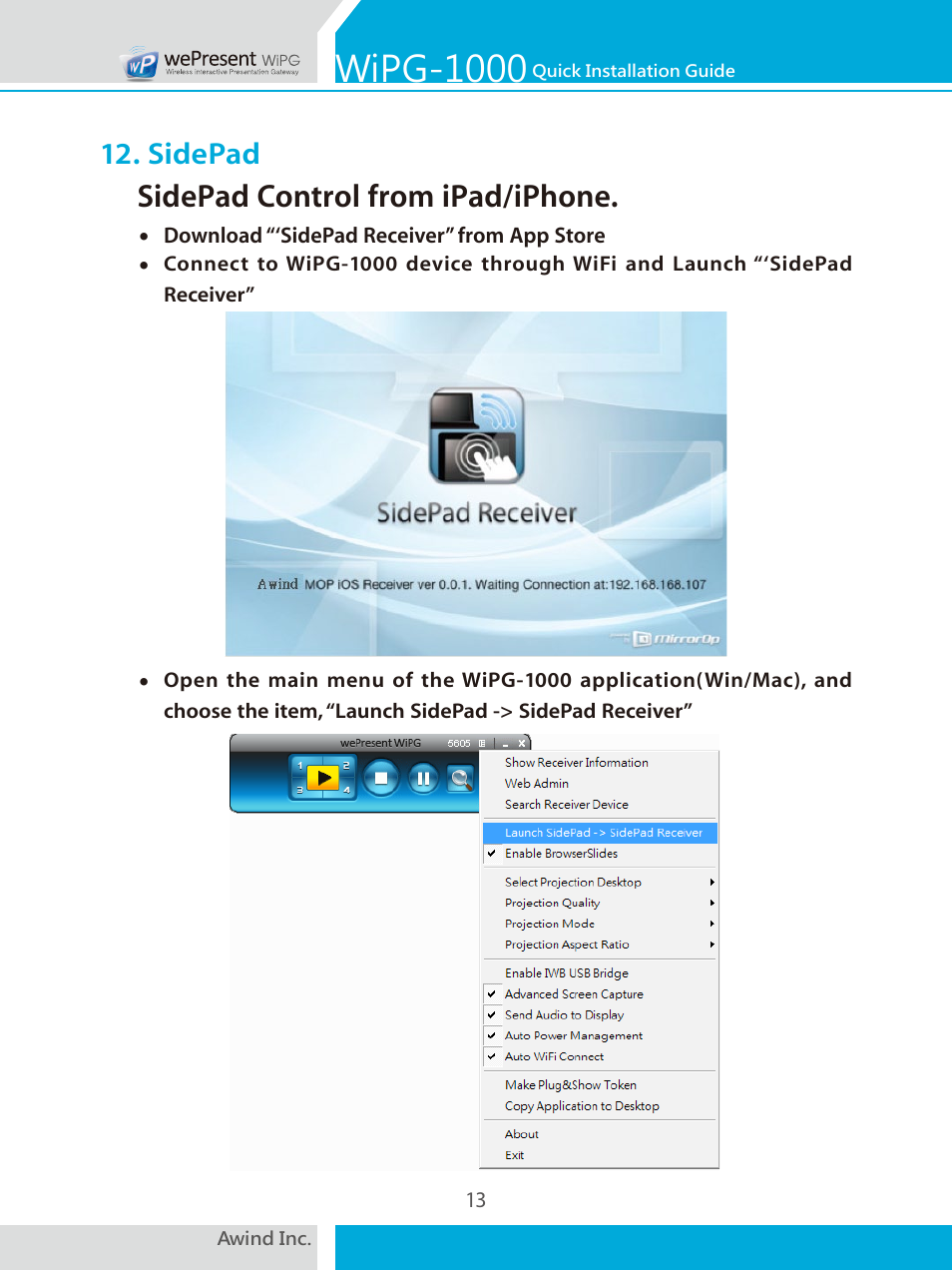 Wipg-1000, Sidepad control from ipad/iphone, Sidepad | Awind wePresent WiPG-1000 Quick Install Guide User Manual | Page 14 / 40