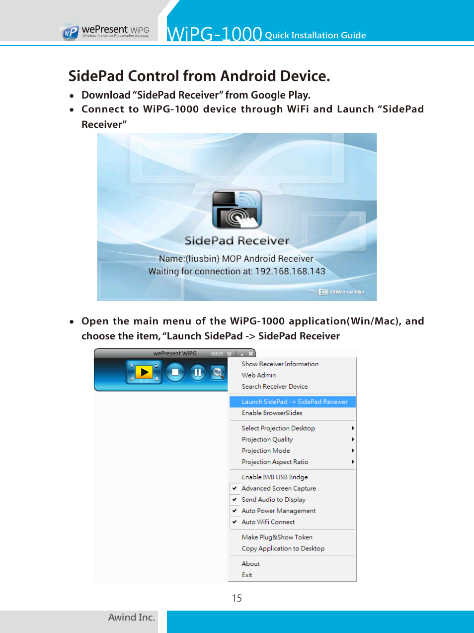 Wipg-1000, Sidepad control from android device | Awind wePresent WiPG-1000 Quick Install Guide User Manual | Page 16 / 40