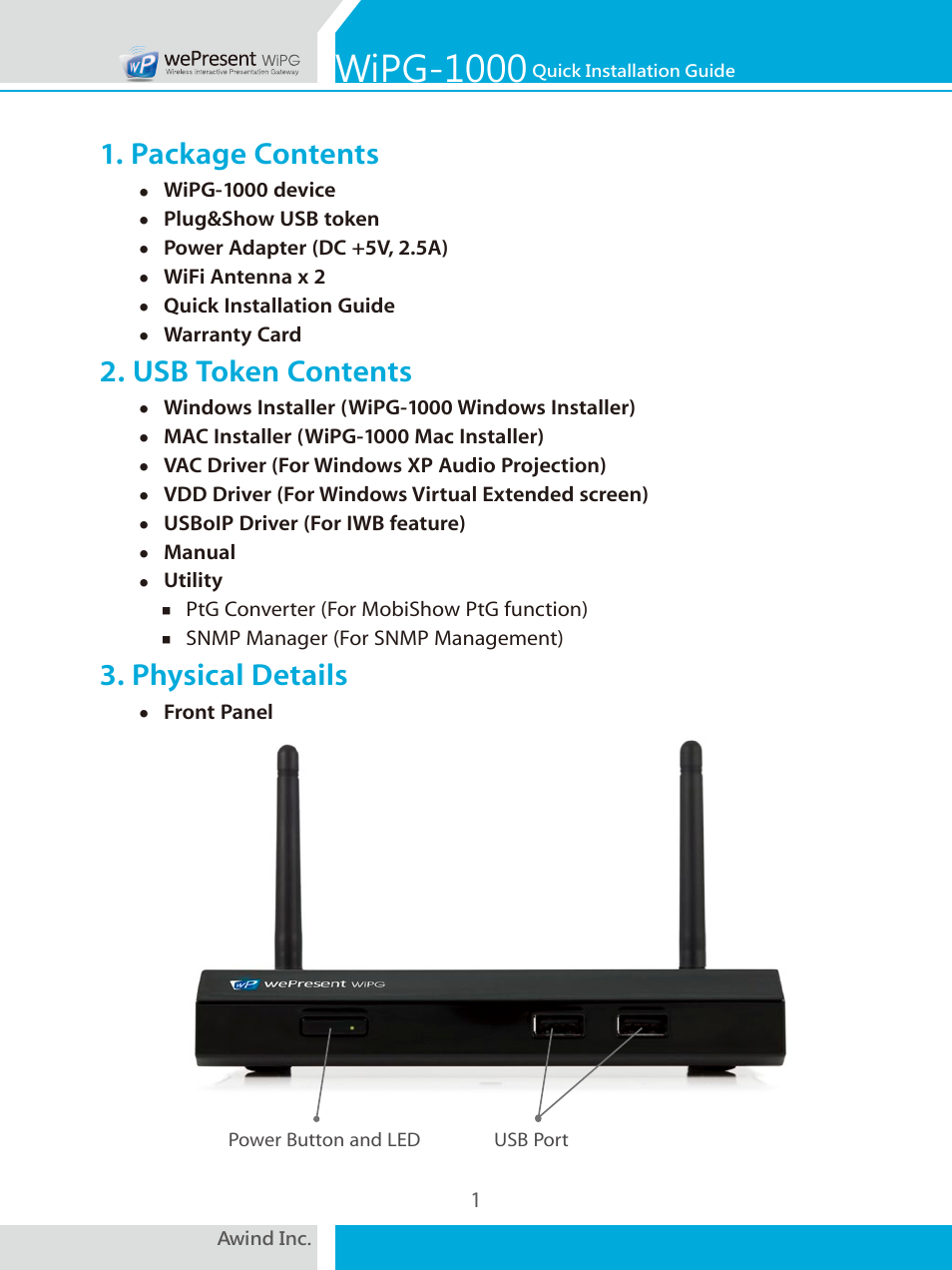 Wipg-1000, Package contents, Usb token contents | Physical details | Awind wePresent WiPG-1000 Quick Install Guide User Manual | Page 2 / 40