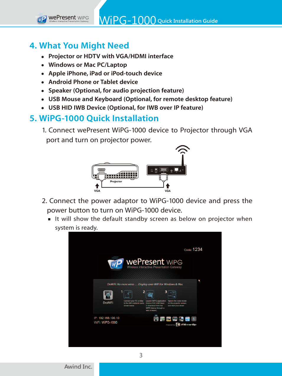 Wipg-1000, What you might need, Wipg-1000 quick installation | Awind wePresent WiPG-1000 Quick Install Guide User Manual | Page 4 / 40