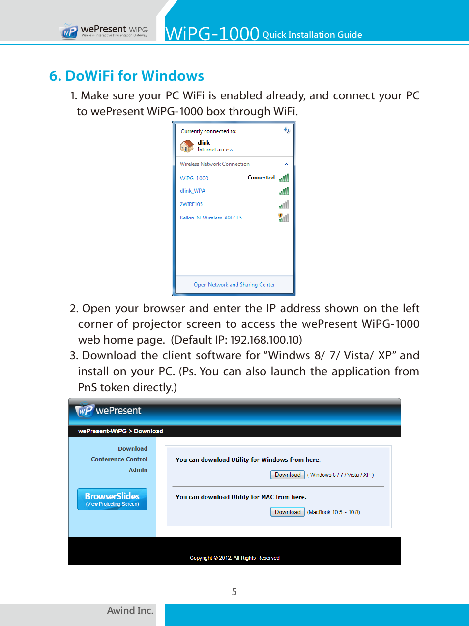 Wipg-1000, Dowifi for windows | Awind wePresent WiPG-1000 Quick Install Guide User Manual | Page 6 / 40