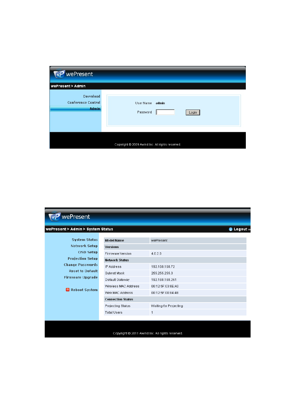 4 login web admin, 1 system status | Awind wePresent WiPG-920 User's Manual User Manual | Page 33 / 50