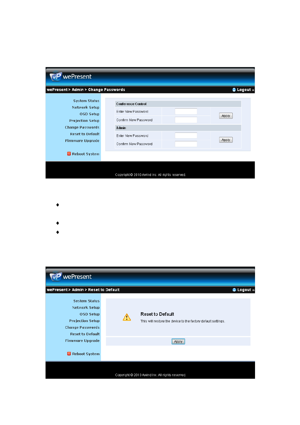 5 change passwords, 6 reset to default | Awind wePresent WiPG-920 User's Manual User Manual | Page 38 / 50