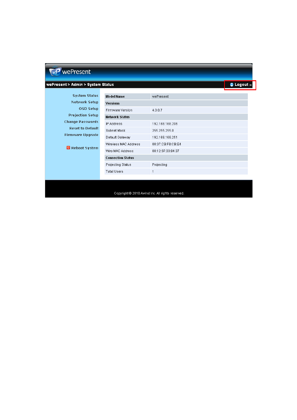 9 logout | Awind wePresent WiPG-920 User's Manual User Manual | Page 41 / 50