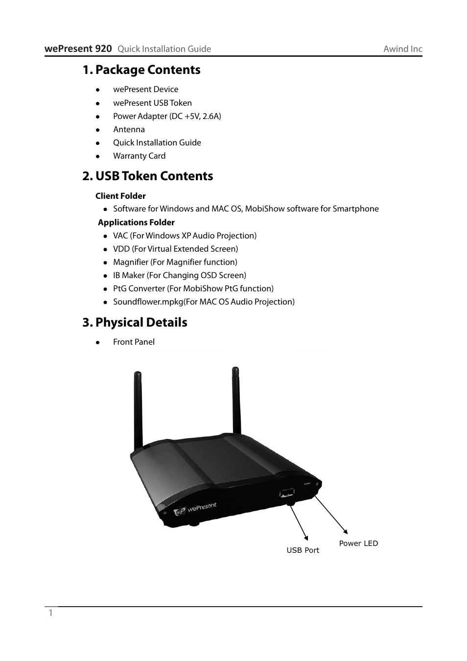 Package contents, Usb token contents, Physical details | Wepresent 920 | Awind wePresent WiPG-920 Quick Install Guide User Manual | Page 2 / 20
