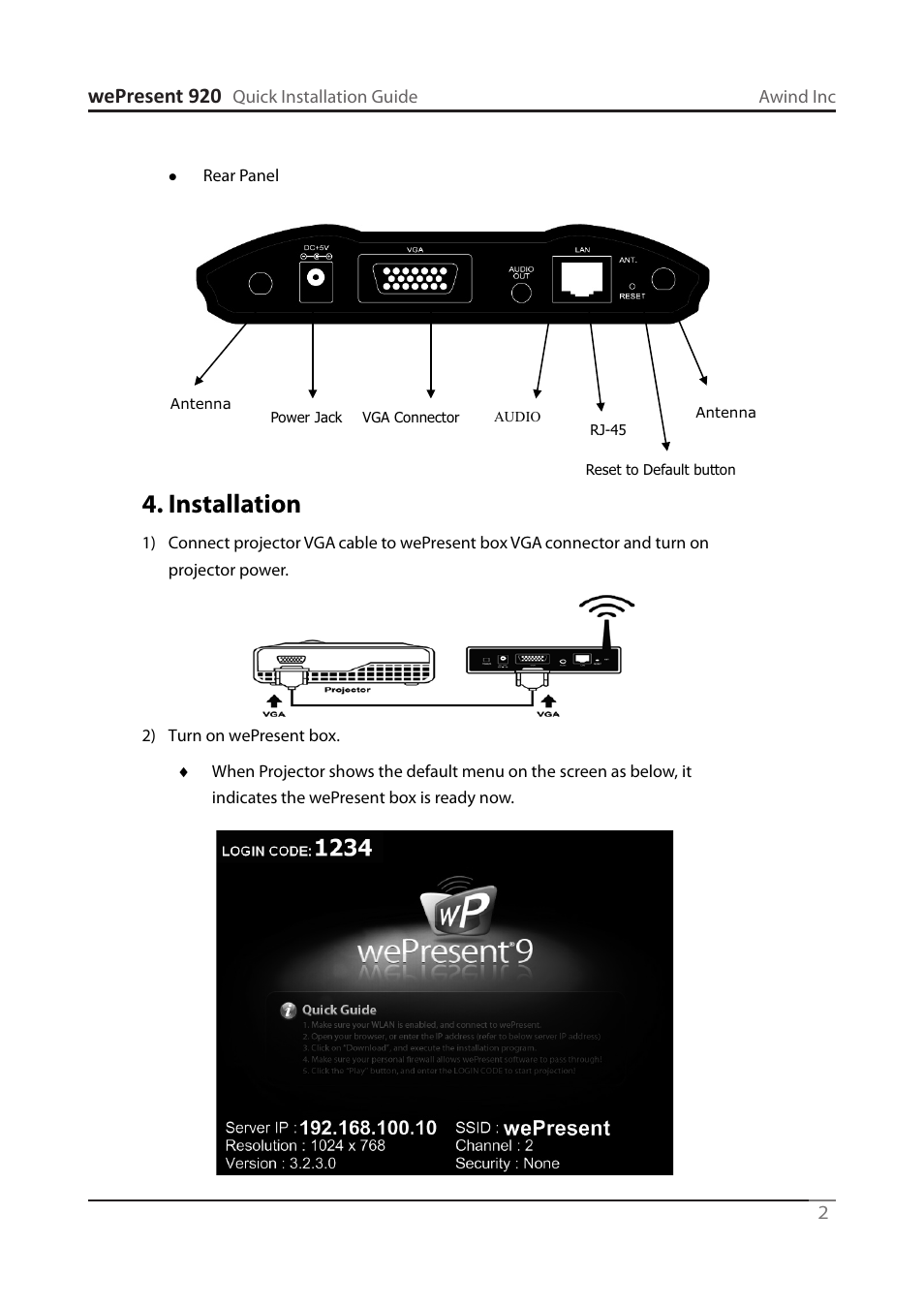 Installation, Wepresent 920 | Awind wePresent WiPG-920 Quick Install Guide User Manual | Page 3 / 20