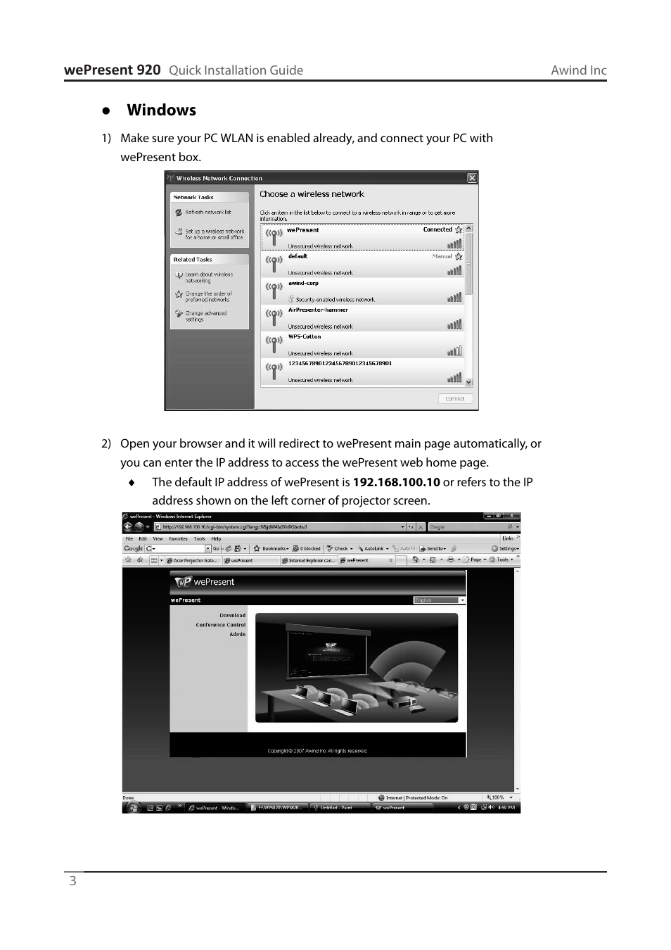 Windows, Wepresent 920 | Awind wePresent WiPG-920 Quick Install Guide User Manual | Page 4 / 20