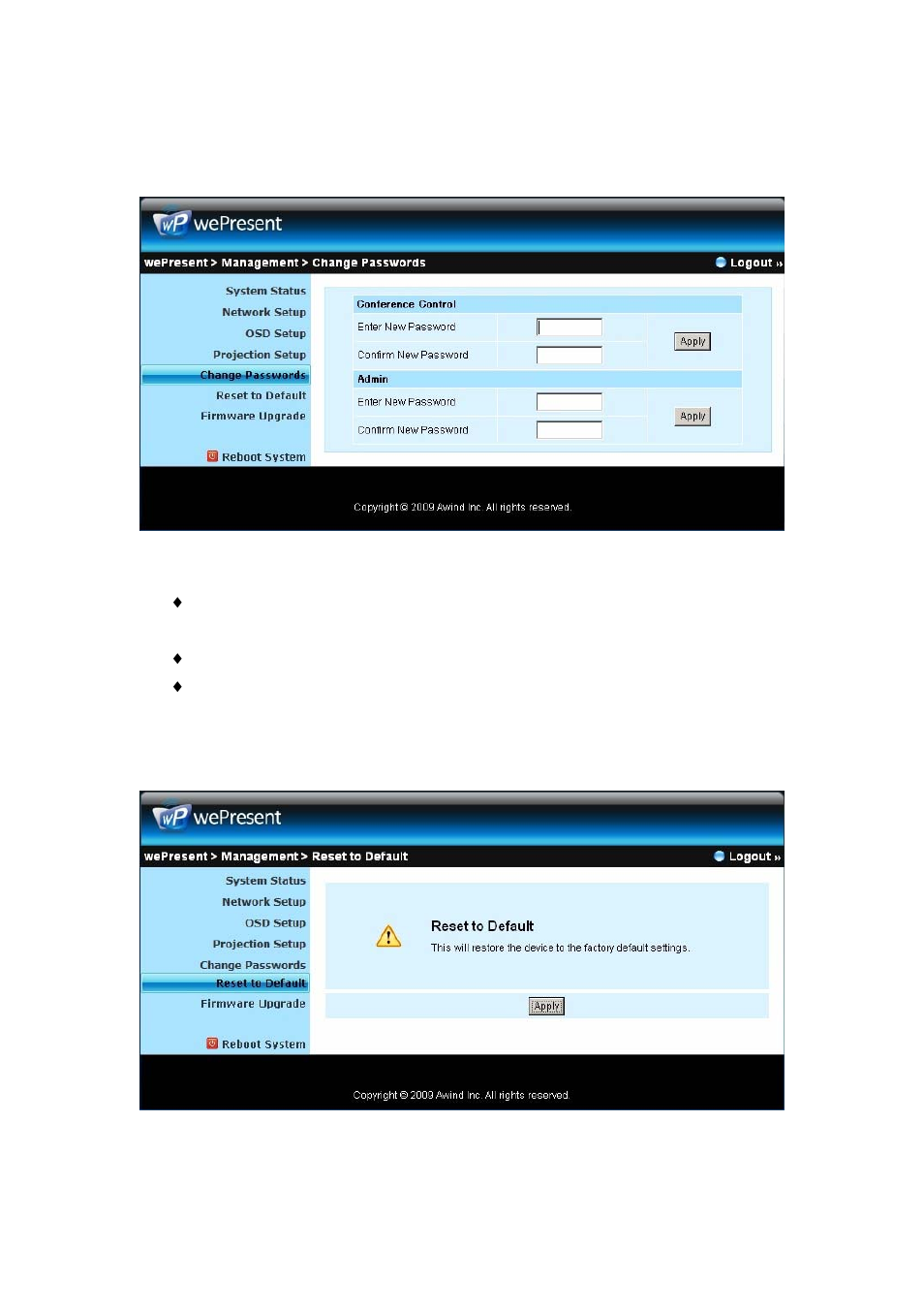 5 change passwords, 6 reset to default | Awind wePresent WiPG-910 User's Manual User Manual | Page 41 / 48