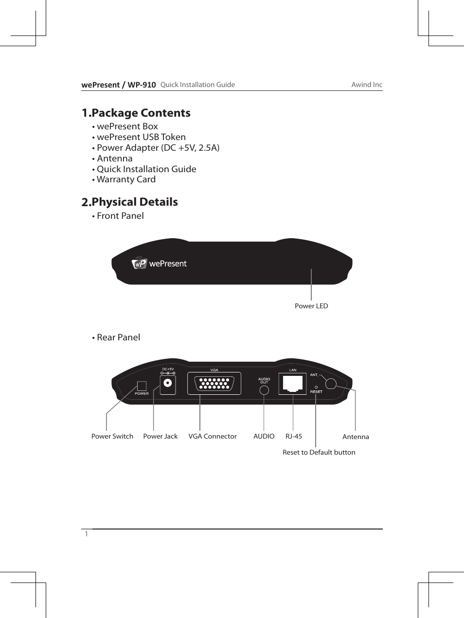 Package contents, Physical details | Awind wePresent WiPG-910 Quick Install Guide User Manual | Page 2 / 24