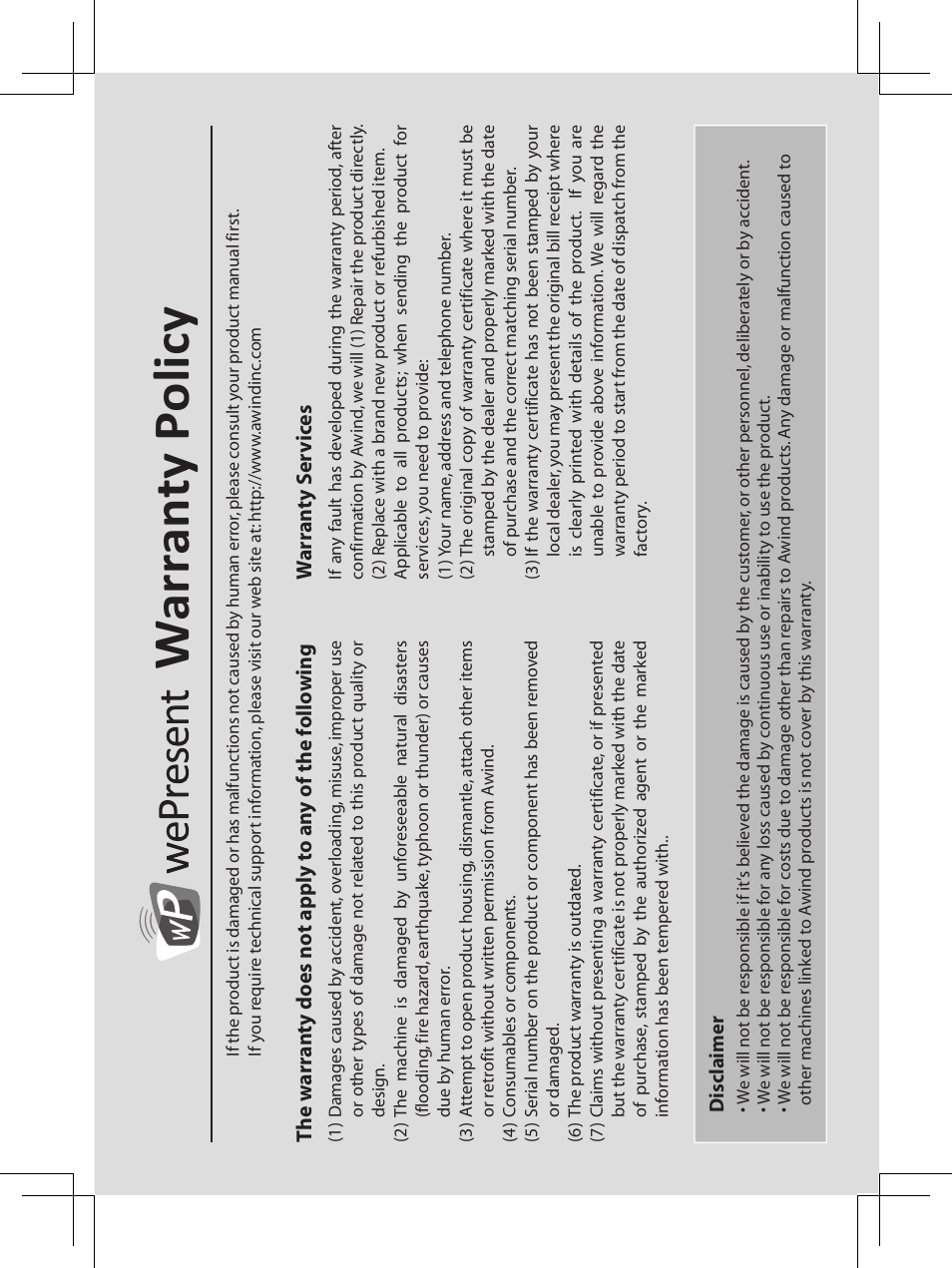 Warranty policy, War ran ty s er vic es | Awind wePresent WiPG-910 Quick Install Guide User Manual | Page 21 / 24