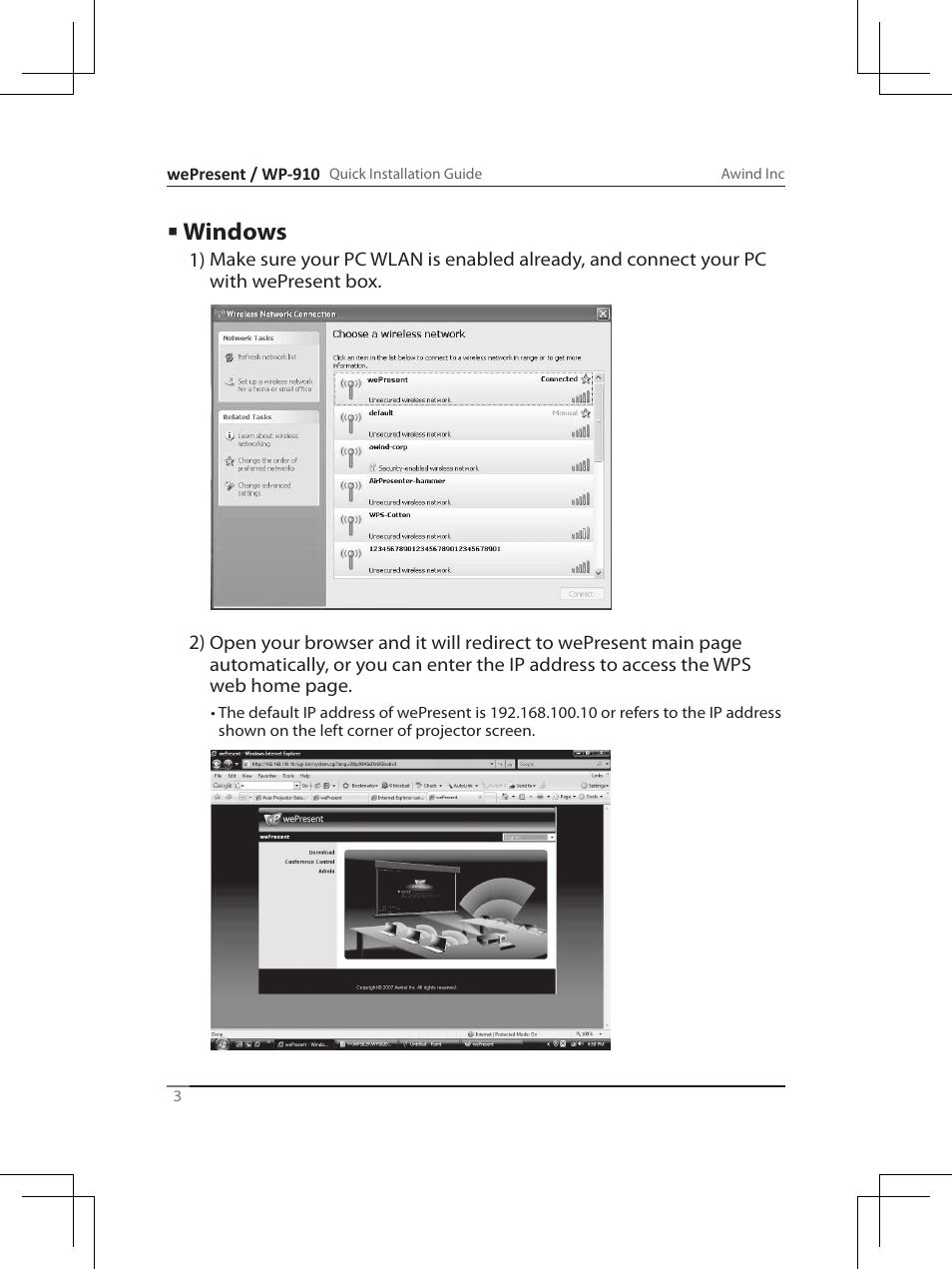 Windows | Awind wePresent WiPG-910 Quick Install Guide User Manual | Page 4 / 24