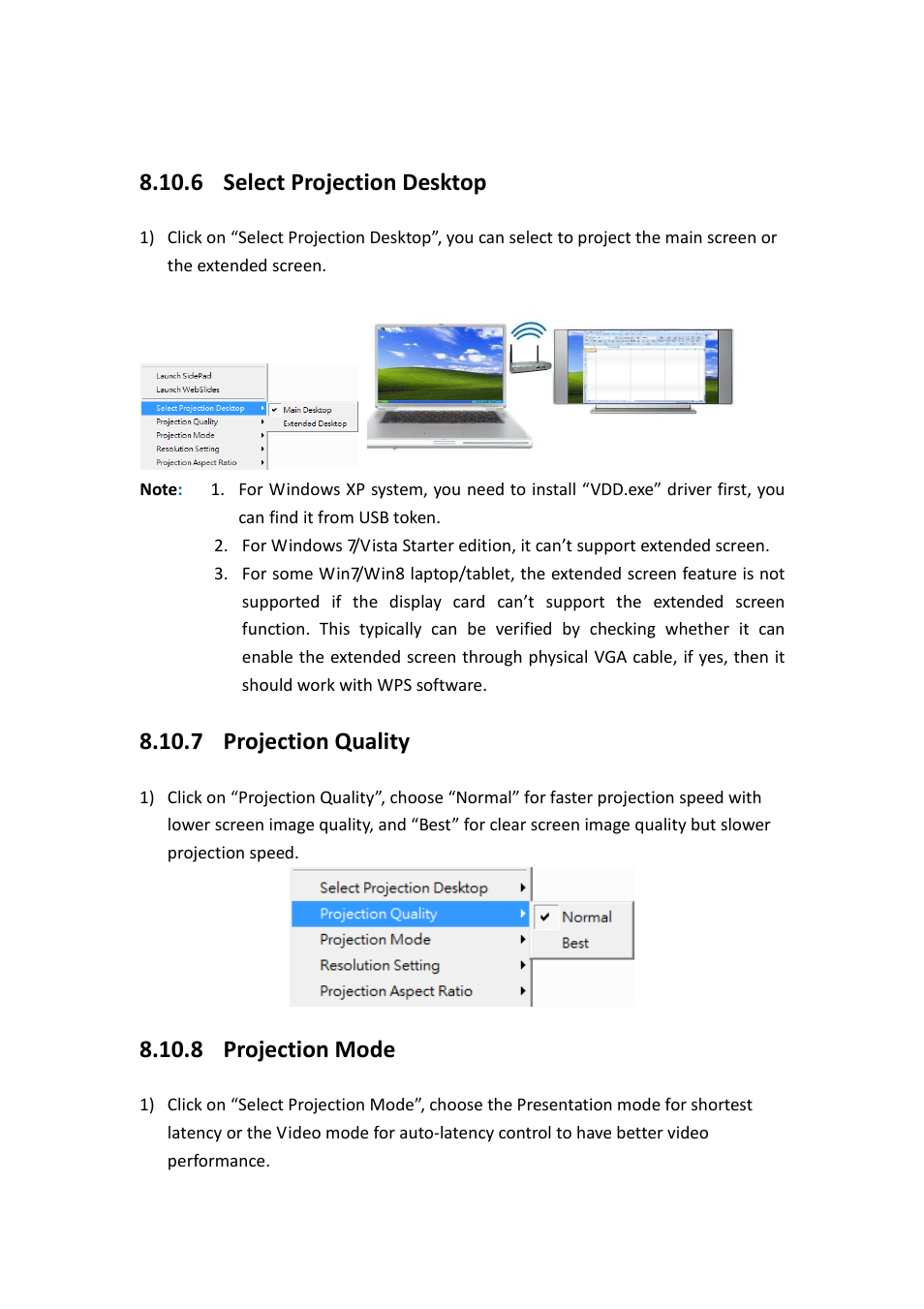 6 select projection desktop, 7 projection quality, 8 projection mode | Awind WIGA / WGA-510 User's Manual User Manual | Page 23 / 59