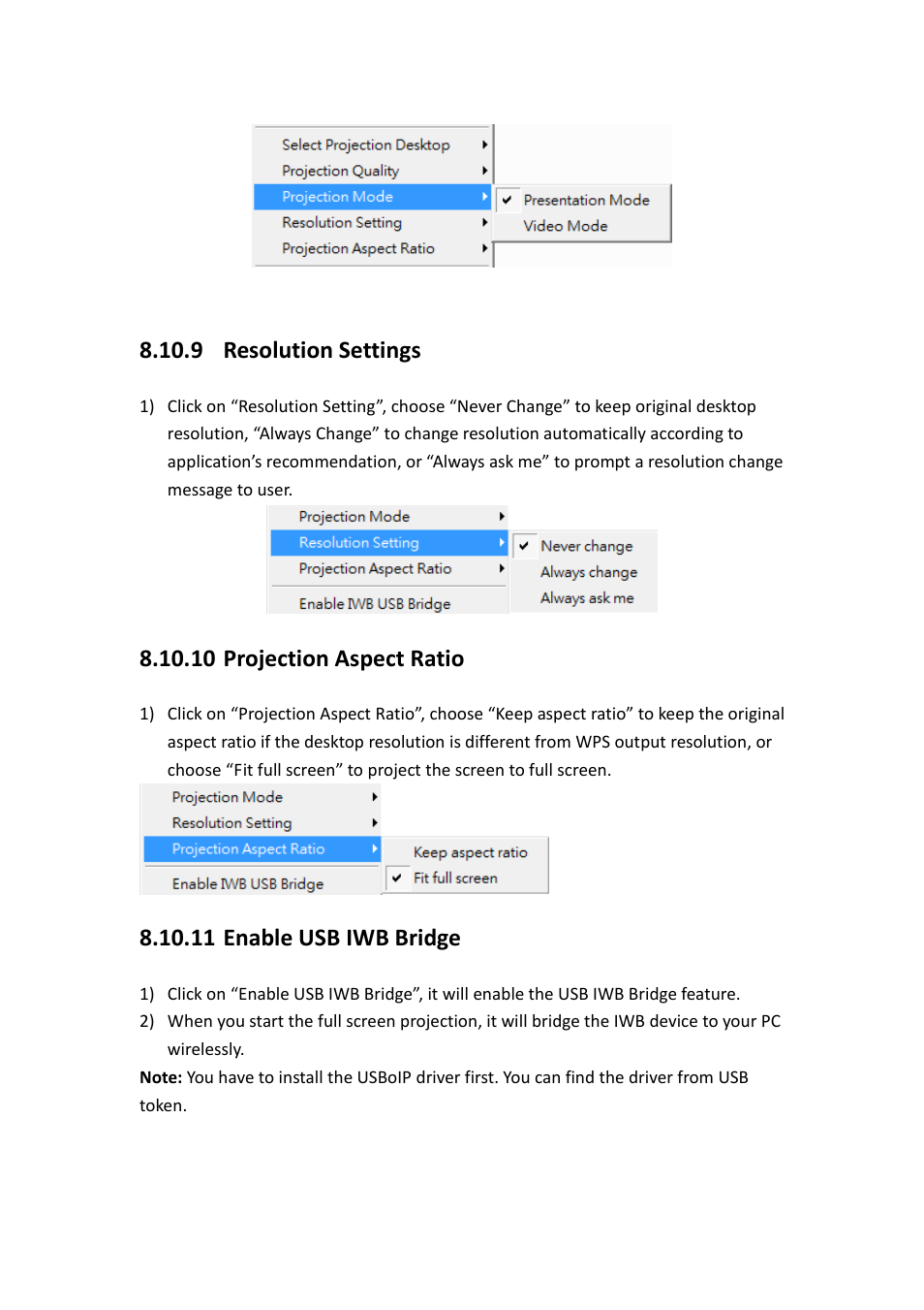 9 resolution settings, 10 projection aspect ratio, 11 enable usb iwb bridge | Awind WIGA / WGA-510 User's Manual User Manual | Page 24 / 59