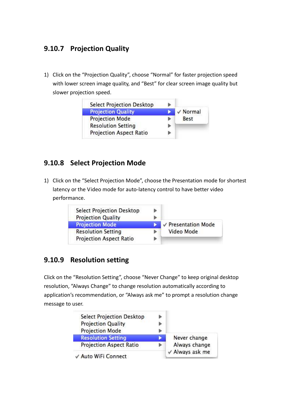 7 projection quality, 8 select projection mode, 9 resolution setting | Awind WIGA / WGA-510 User's Manual User Manual | Page 41 / 59