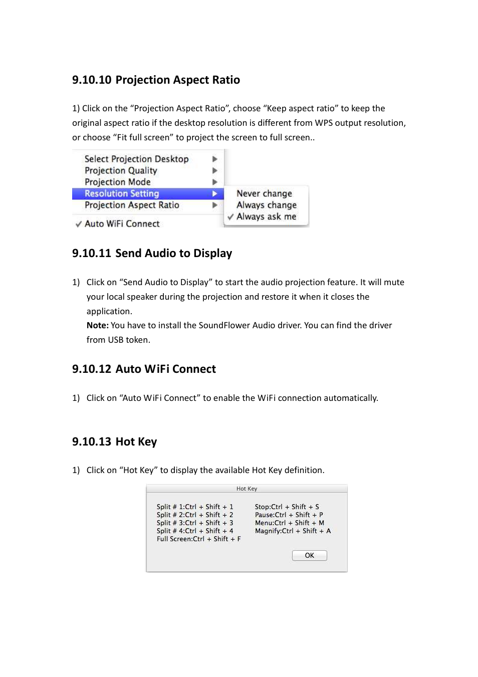 10 projection aspect ratio, 11 send audio to display, 12 auto wifi connect | 13 hot key | Awind WIGA / WGA-510 User's Manual User Manual | Page 42 / 59