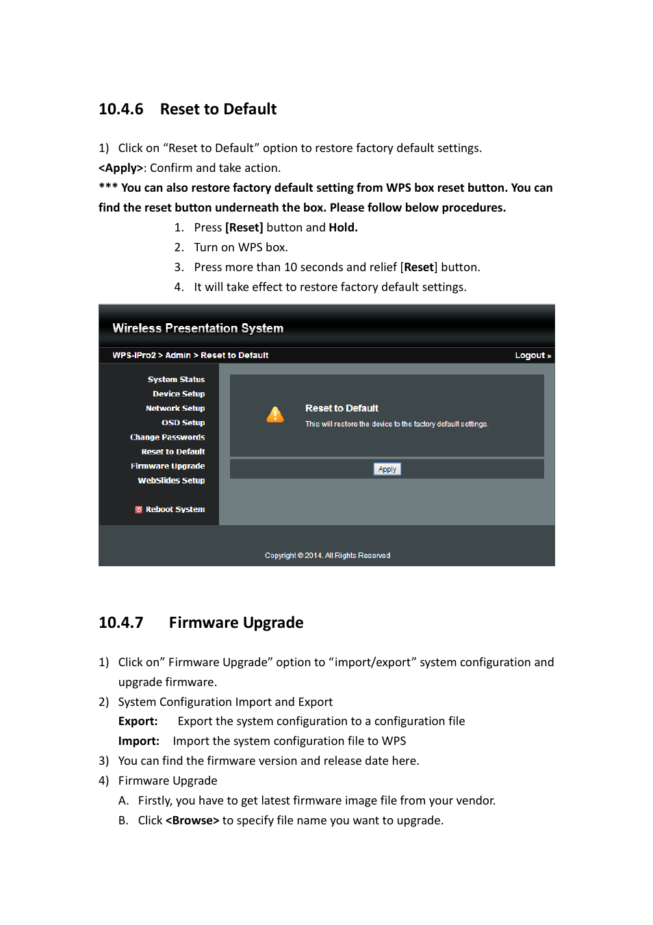 6 reset to default, 7 firmware upgrade | Awind WIGA / WGA-510 User's Manual User Manual | Page 55 / 59