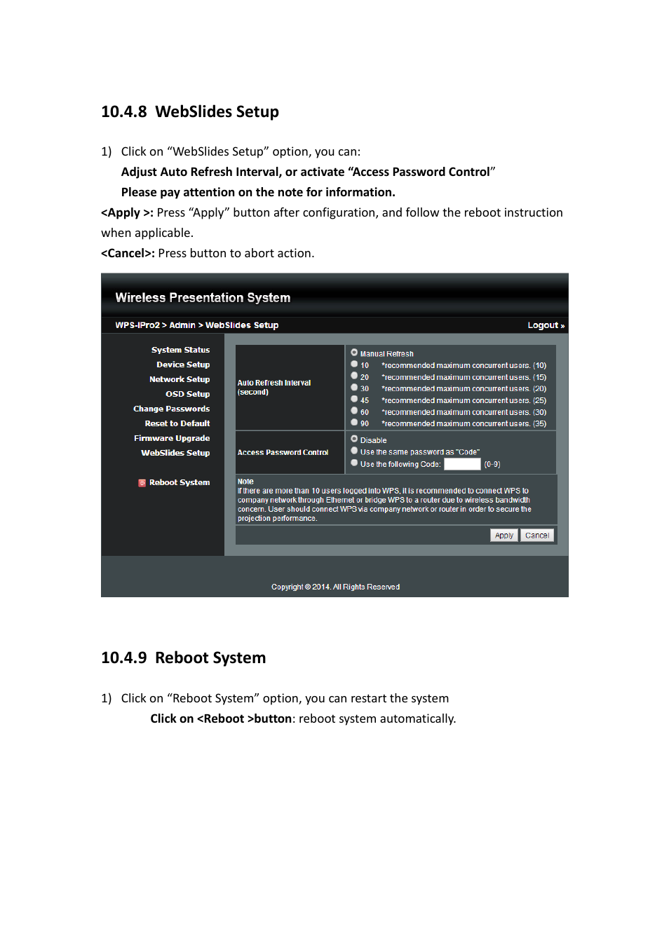 8 webslides setup, 9 reboot system | Awind WIGA / WGA-510 User's Manual User Manual | Page 57 / 59
