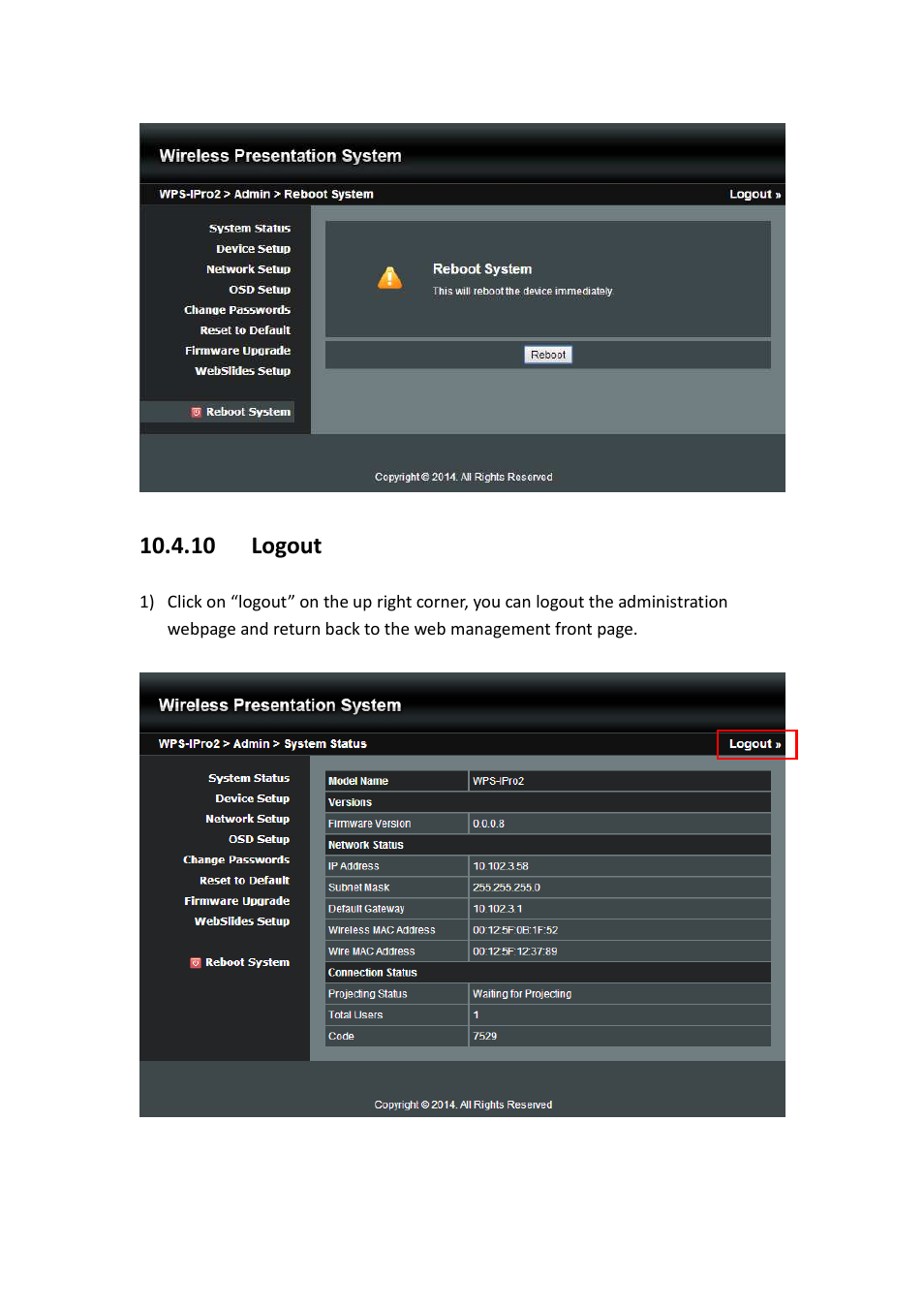 10 logout | Awind WIGA / WGA-510 User's Manual User Manual | Page 58 / 59