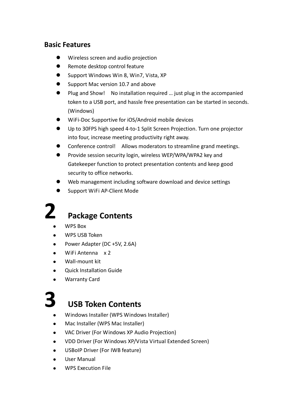 Package contents, Usb token contents, Basic features | Awind WIGA / WGA-510 User's Manual User Manual | Page 6 / 59