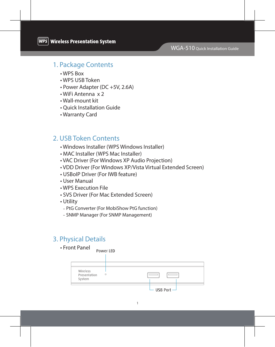 Package contents, Usb token contents, Physical details | Awind WIGA / WGA-510 Quick Install Guide User Manual | Page 3 / 19