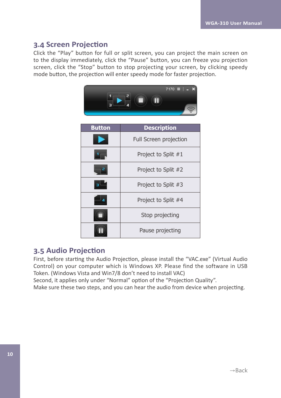 4 screen projection, 5 audio projection | Awind WIGA / WGA-310 User's Manual User Manual | Page 10 / 34
