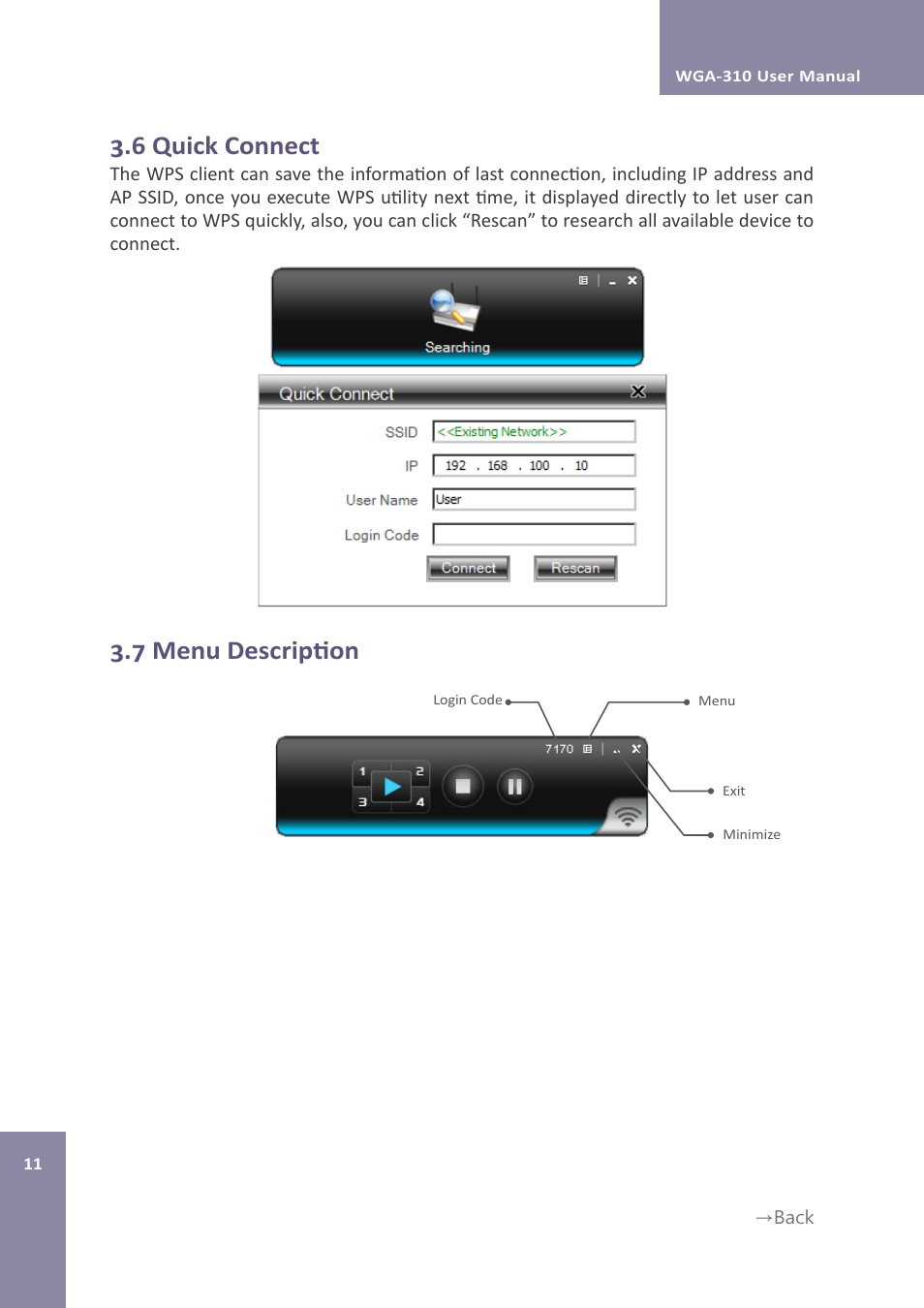 6 quick connect, 7 menu description | Awind WIGA / WGA-310 User's Manual User Manual | Page 11 / 34