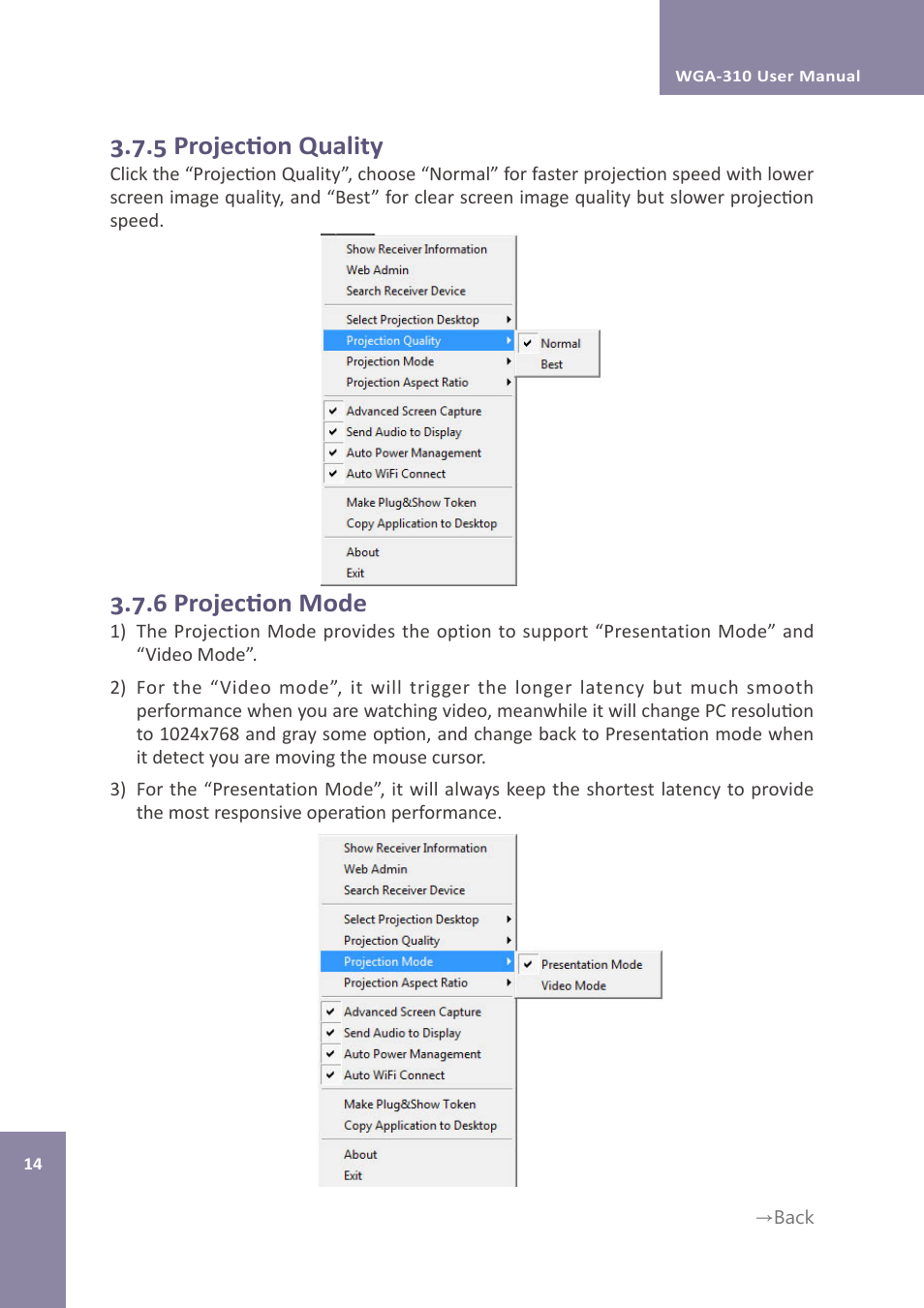 5 projection quality, 6 projection mode | Awind WIGA / WGA-310 User's Manual User Manual | Page 14 / 34